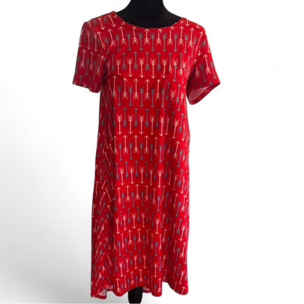 LuLaRoe Red Arrow Pattern Long A-Line Short Sleeve Dress, XXS Regular Size